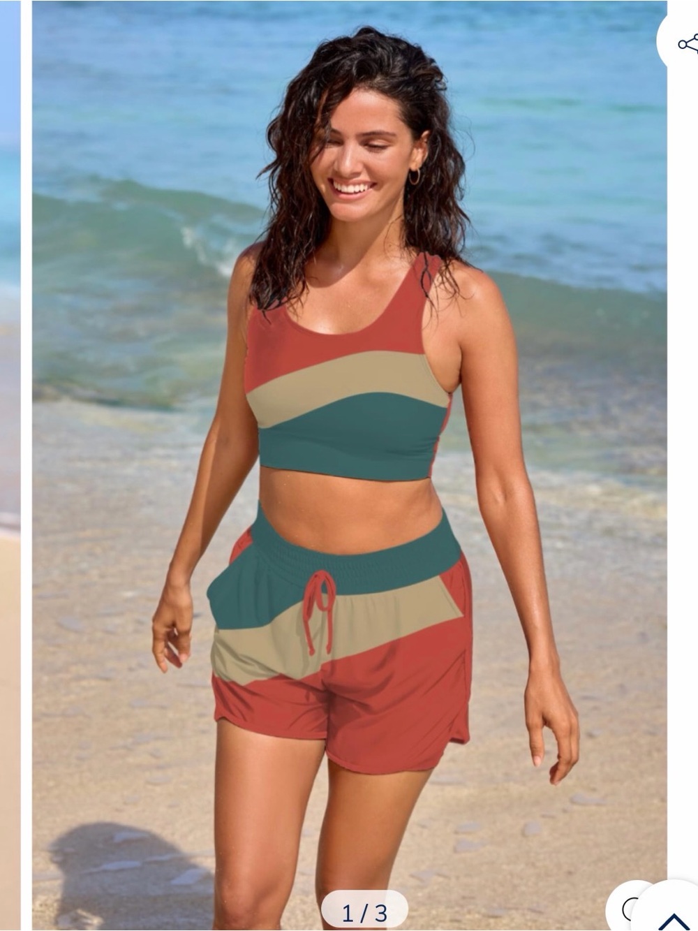 Colorblock Racerback Swim Top & Drawstring Shorts w/pockets- Rust, Teal & Cream